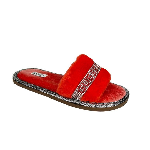 GUESS Women's Slippy Faux Fur Slippers Hot Red Size 7M - Picture 1 of 9